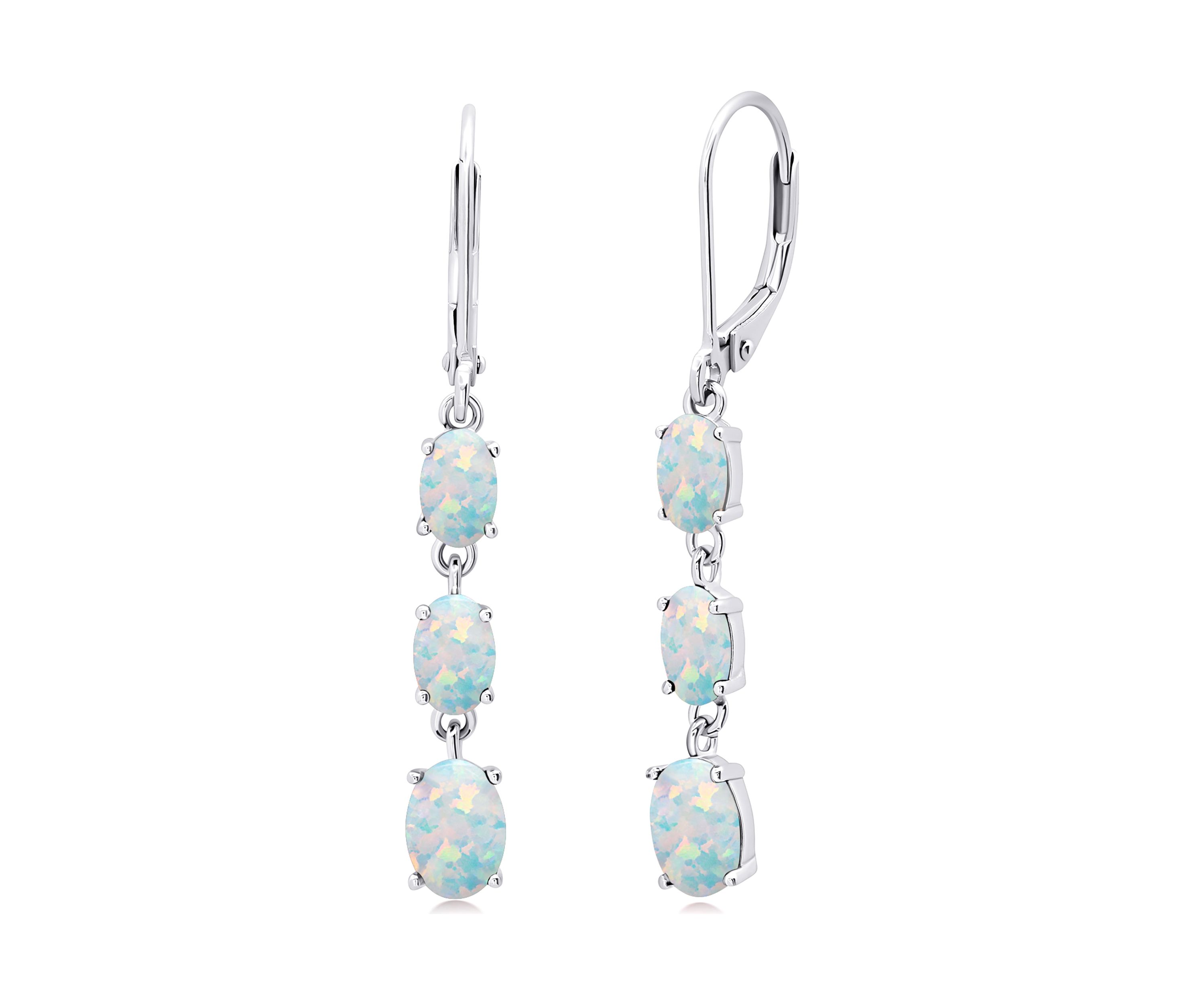 Created Opal Oval Shape Dangle Earrings in 925 Sterling Silver (1.5 Inch)