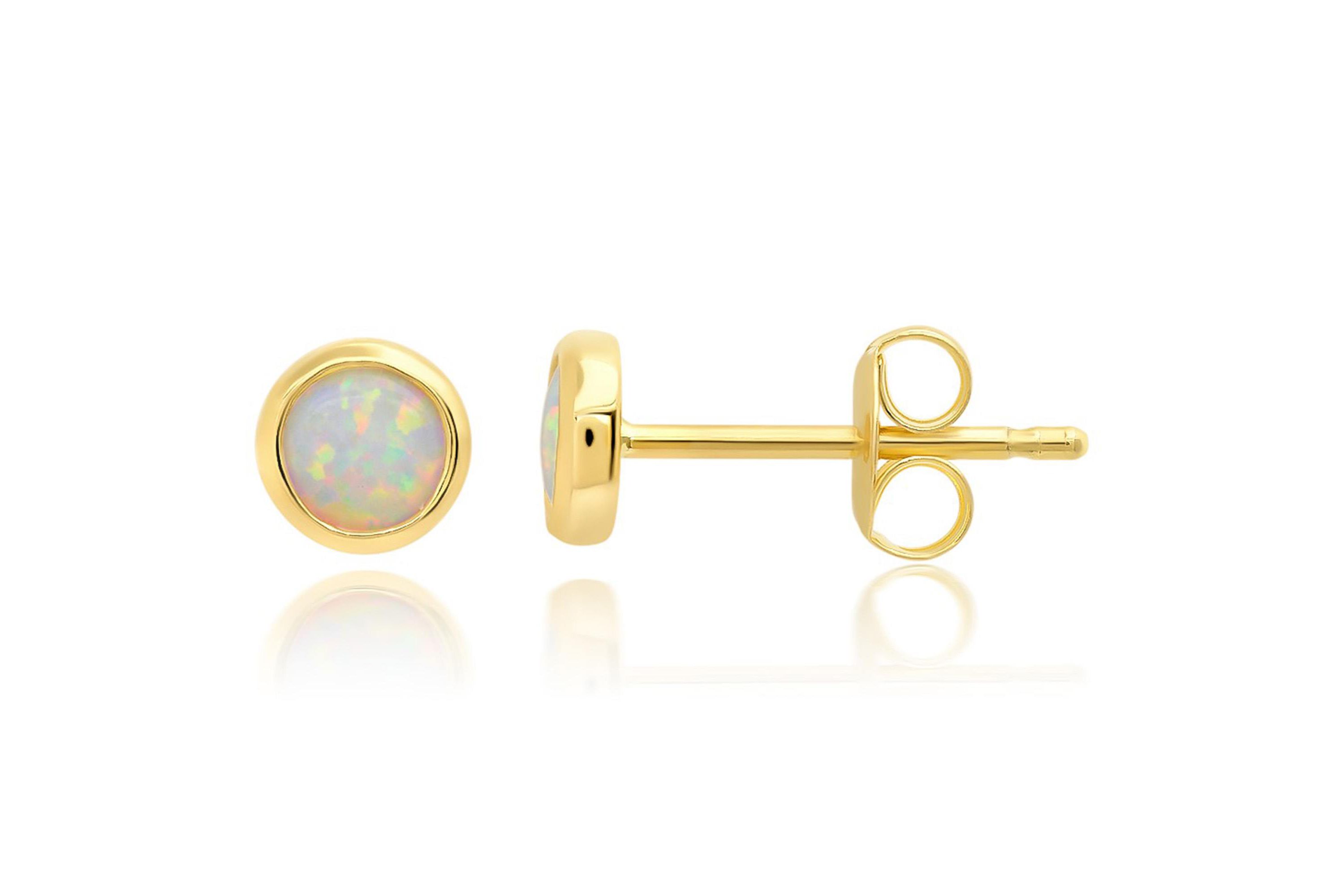14K Yellow Gold Bezel Set Round 4MM Created Opal Stud Earrings