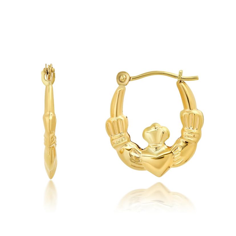 Solid 14K Yellow Gold 16MM Claddagh Hoop Earrings with Click-top Closure
