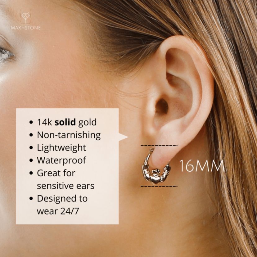 Solid 14K Yellow Gold 16MM Claddagh Hoop Earrings with Click-top Closure