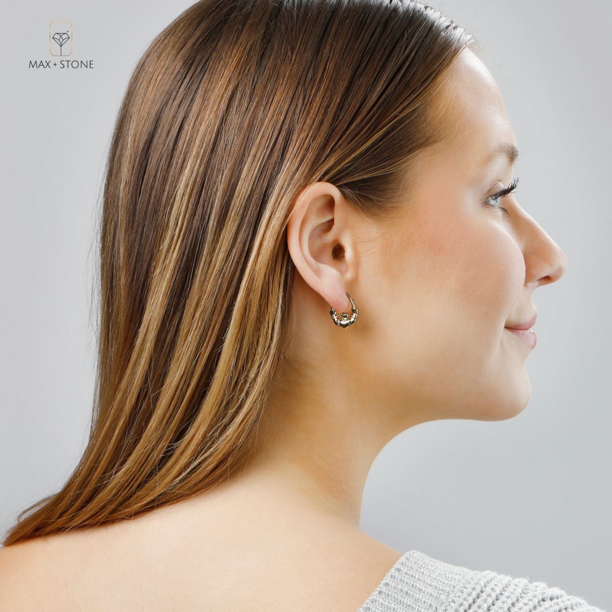 Solid 14K Yellow Gold 16MM Claddagh Hoop Earrings with Click-top Closure