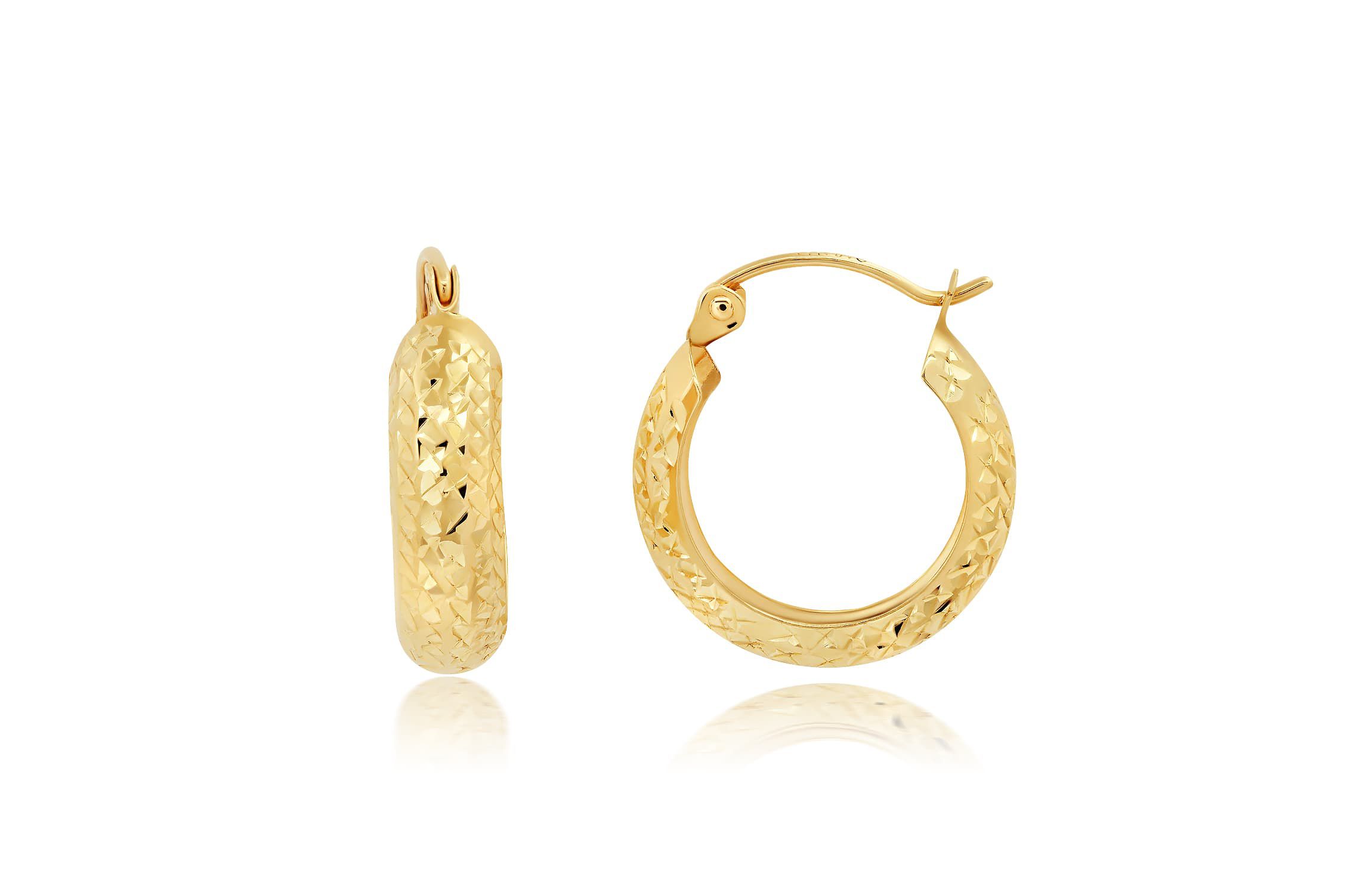 Solid 14K Yellow Gold 18MM Diamond Cut Hoop Earrings with Click-top Closure
