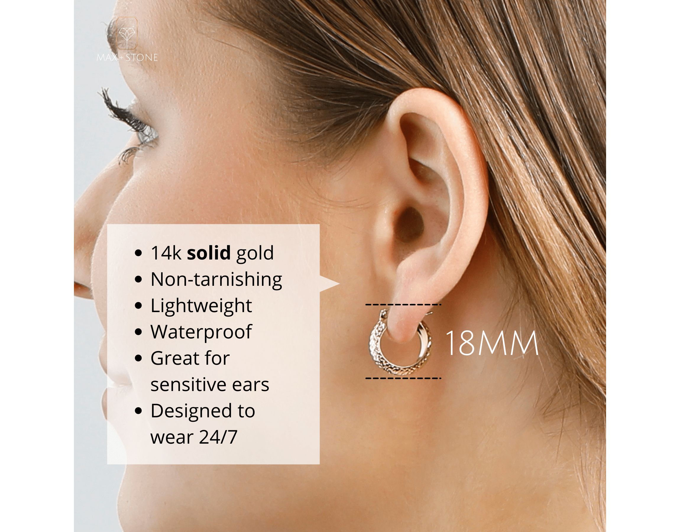 Solid 14K Yellow Gold 18MM Diamond Cut Hoop Earrings with Click-top Closure
