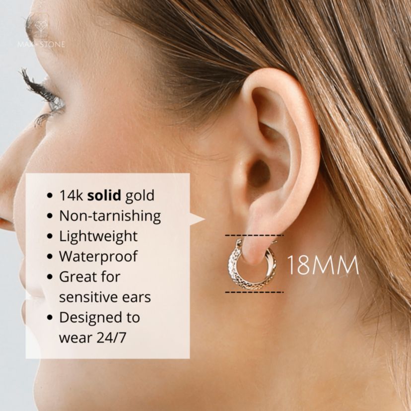 Solid 14K Yellow Gold 18MM Diamond Cut Hoop Earrings with Click-top Closure