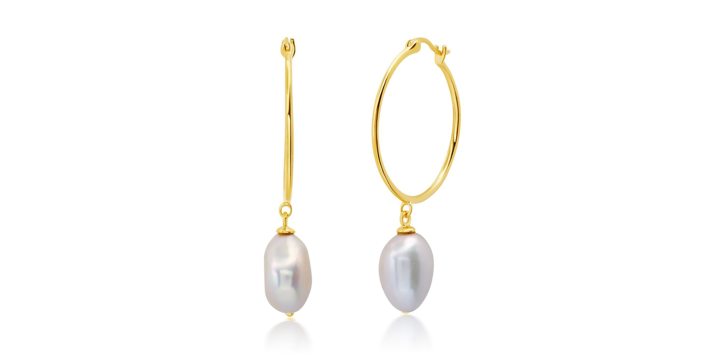 18K Yellow Gold Over Sterling Silver Vermeil Freshwater Cultured Pearl Hoops (26MM)