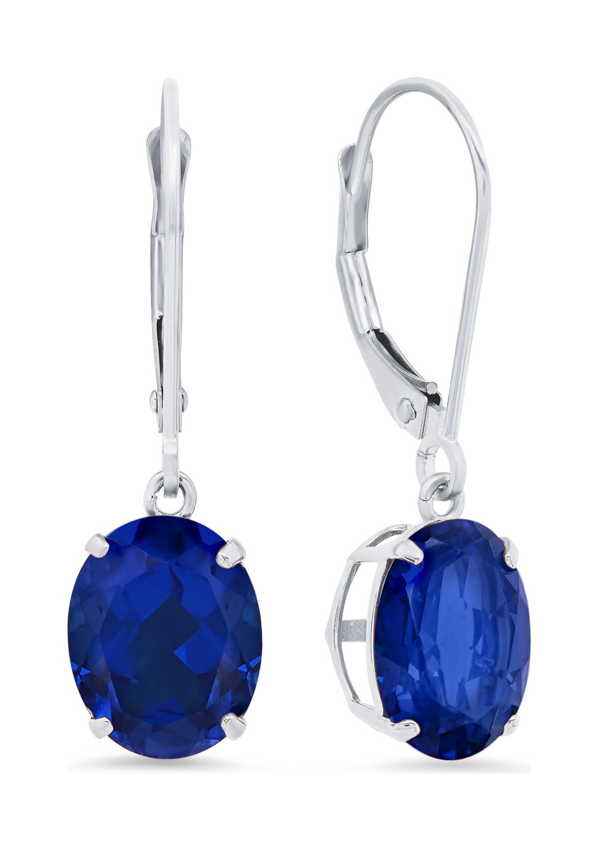 14K White Gold Oval Created Blue Sapphire Dangle Earrings