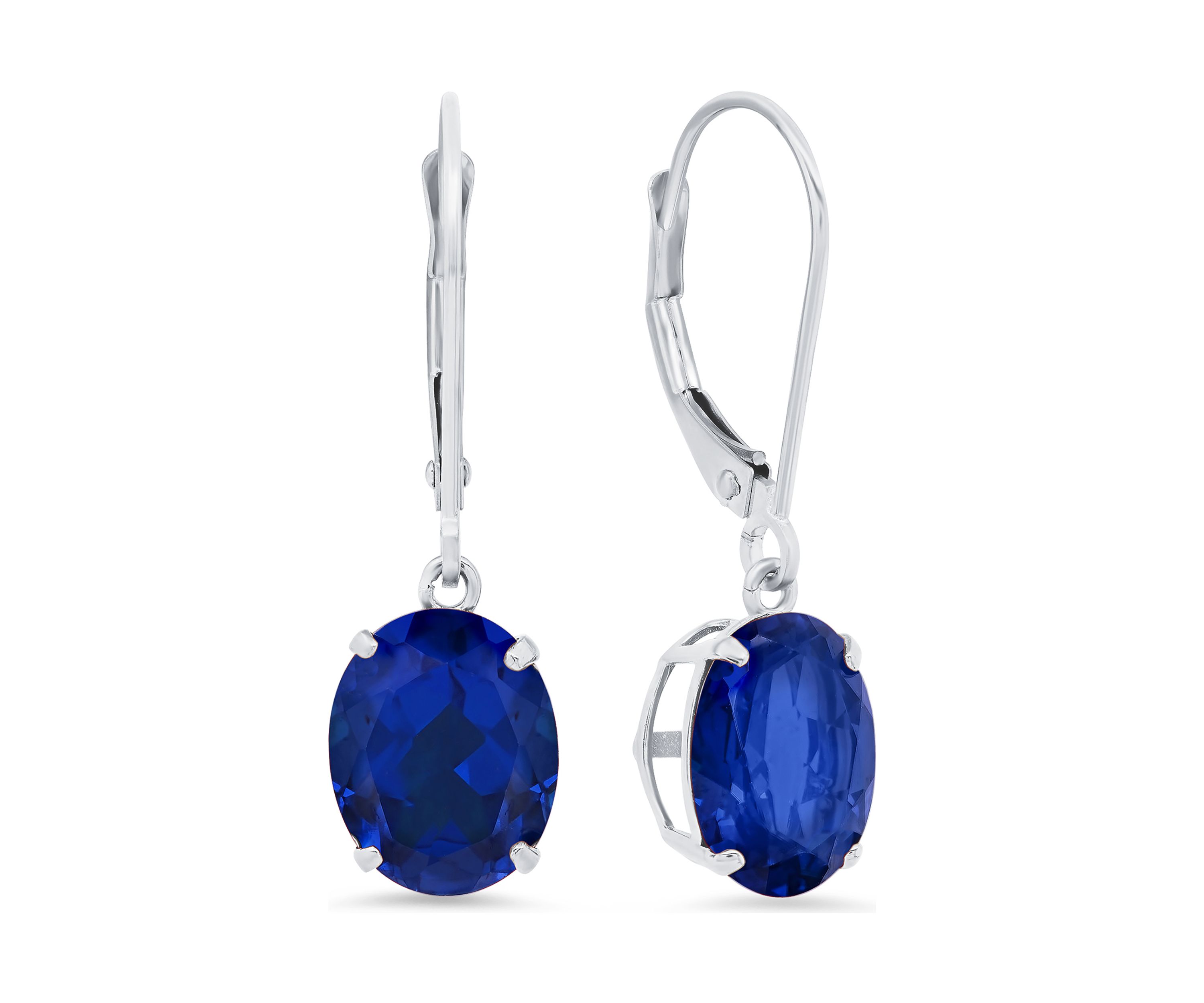 14K White Gold Oval Created Blue Sapphire Dangle Earrings