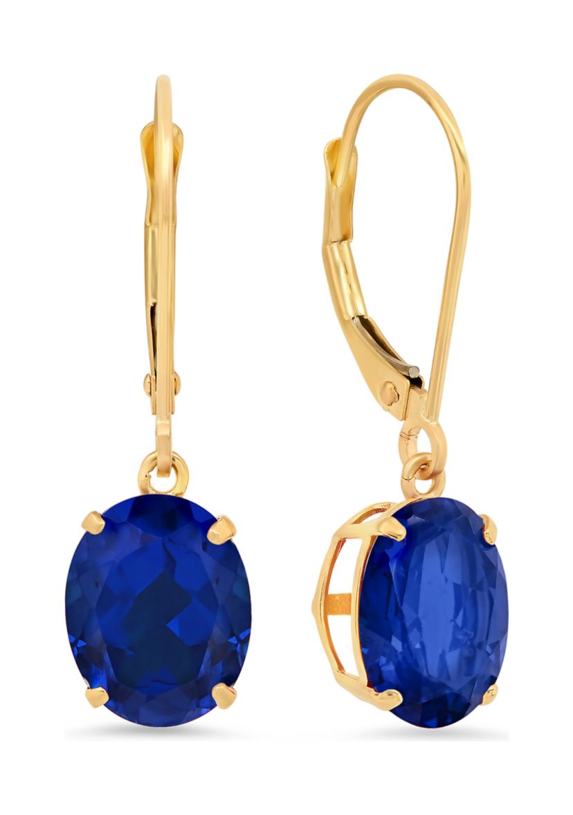 14K White Gold Oval Created Blue Sapphire Dangle Earrings