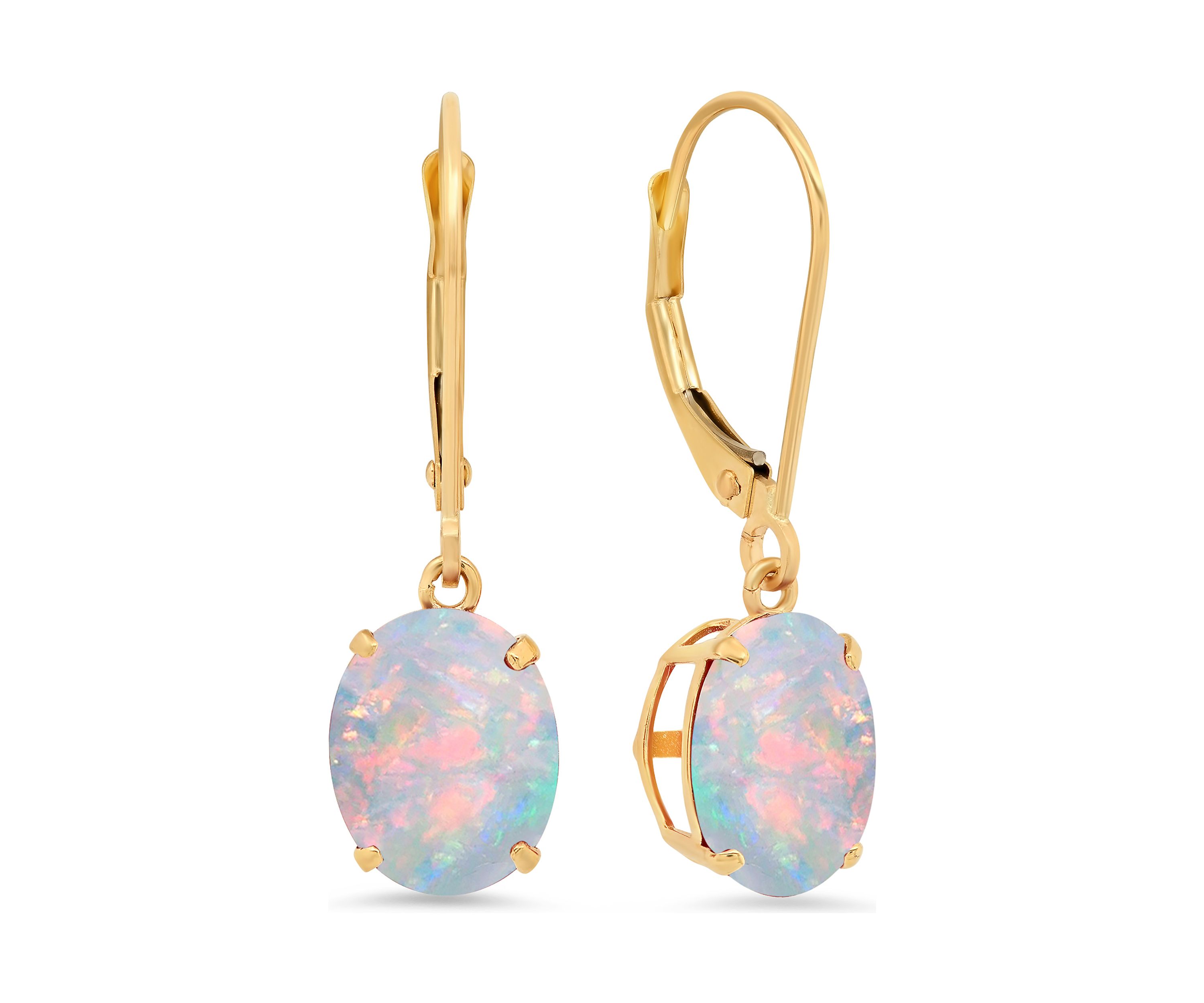 14K Yellow Gold Oval Created Opal Dangle Earrings