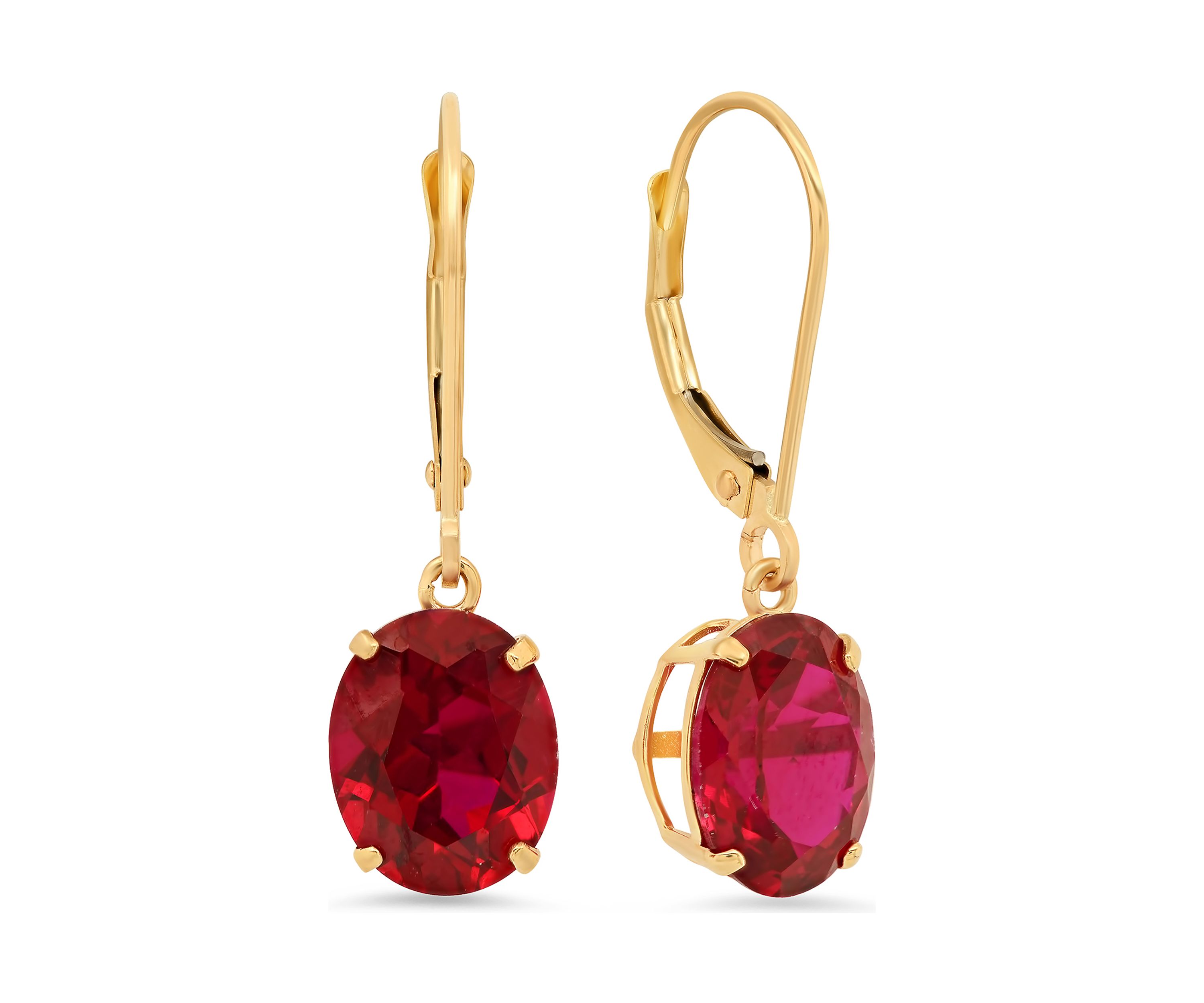 14K Yellow Gold Oval Created Ruby Dangle Earrings