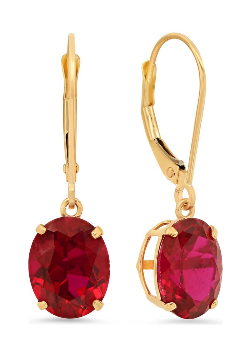 14K Yellow Gold Oval Created Ruby Dangle Earrings