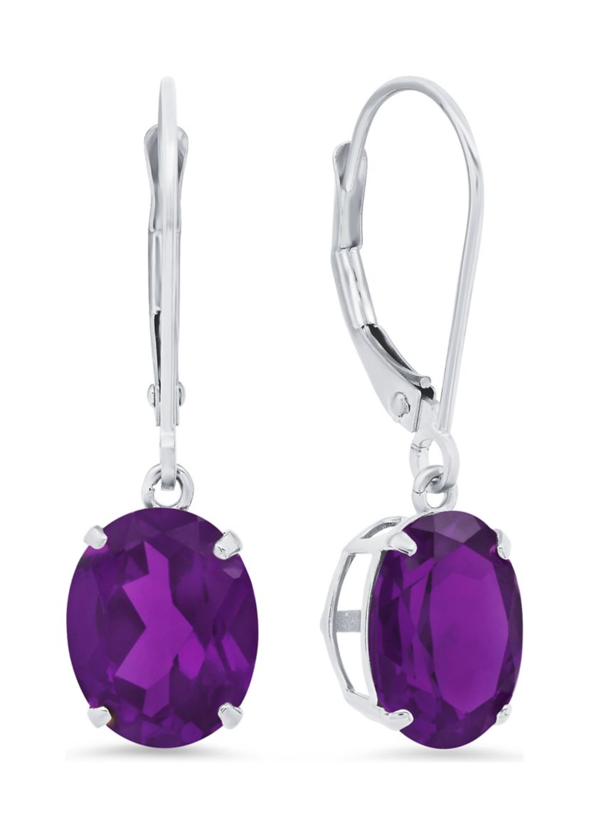 Sterling Silver Oval Genuine Amethyst Dangle Earrings