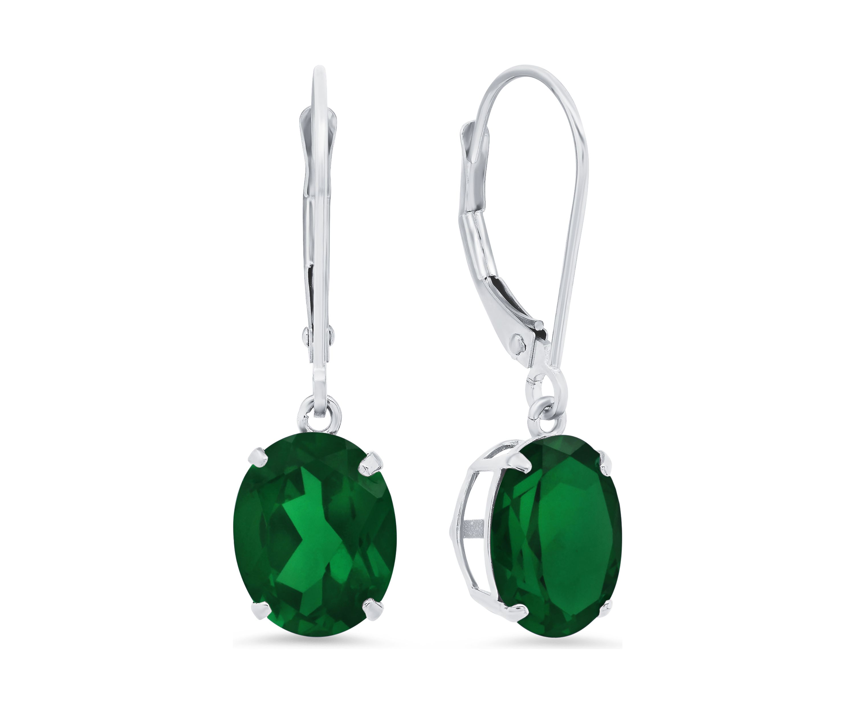 Sterling Silver Oval Created Emerald Dangle Earrings