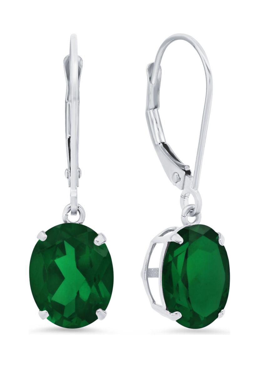 Sterling Silver Oval Created Emerald Dangle Earrings