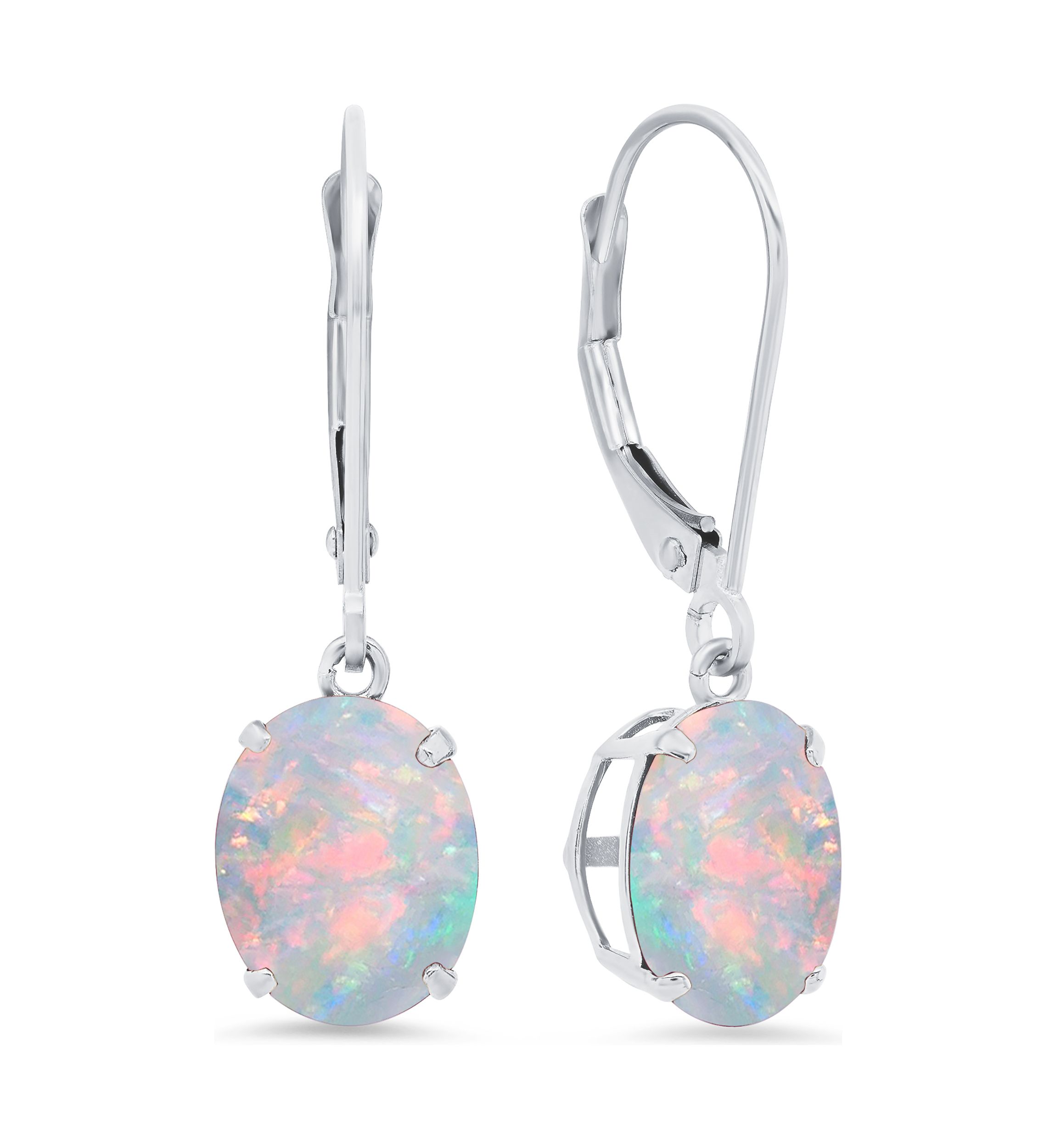 Sterling Silver Oval Created Opal Dangle Earrings
