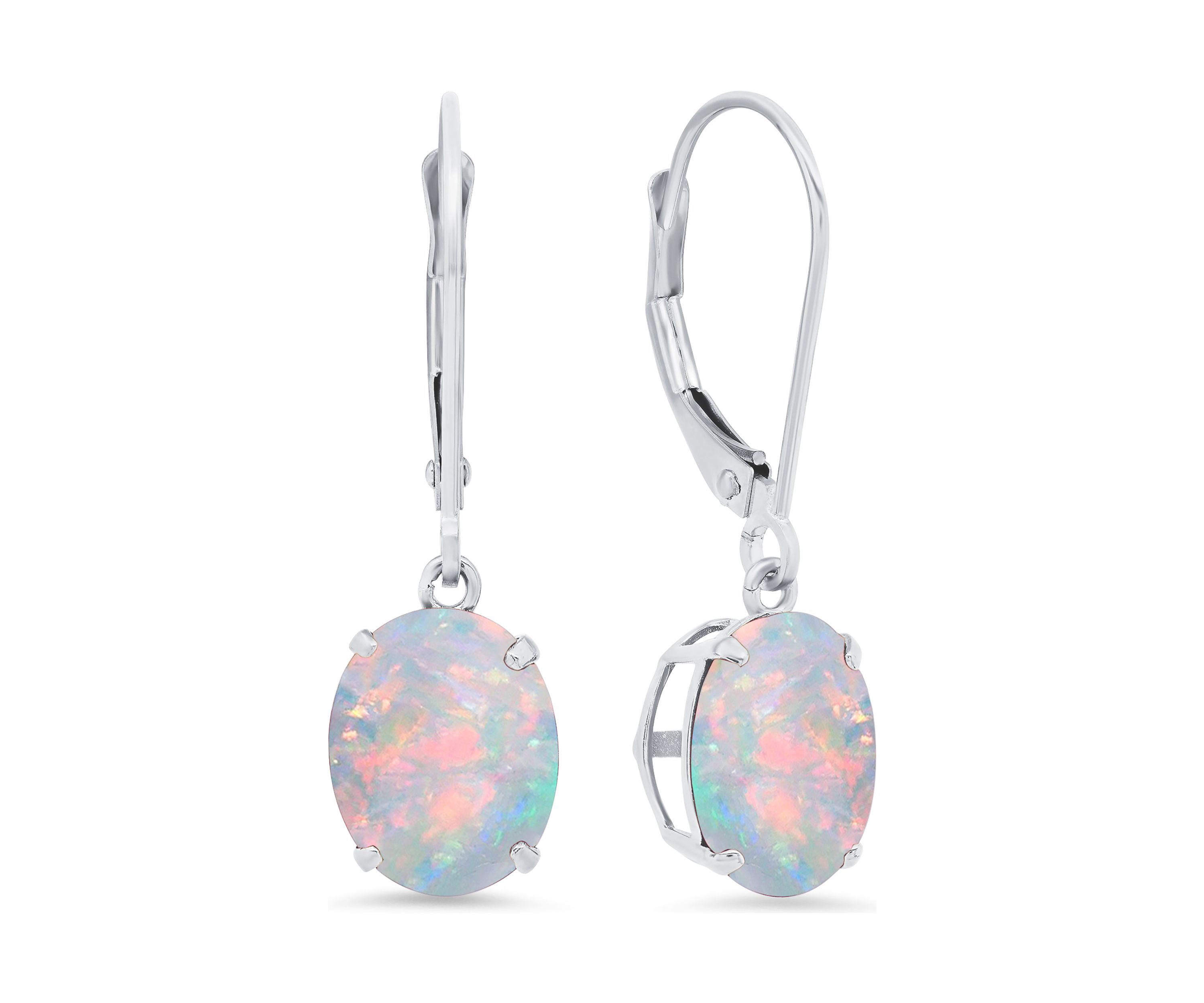 Sterling Silver Oval Created Opal Dangle Earrings