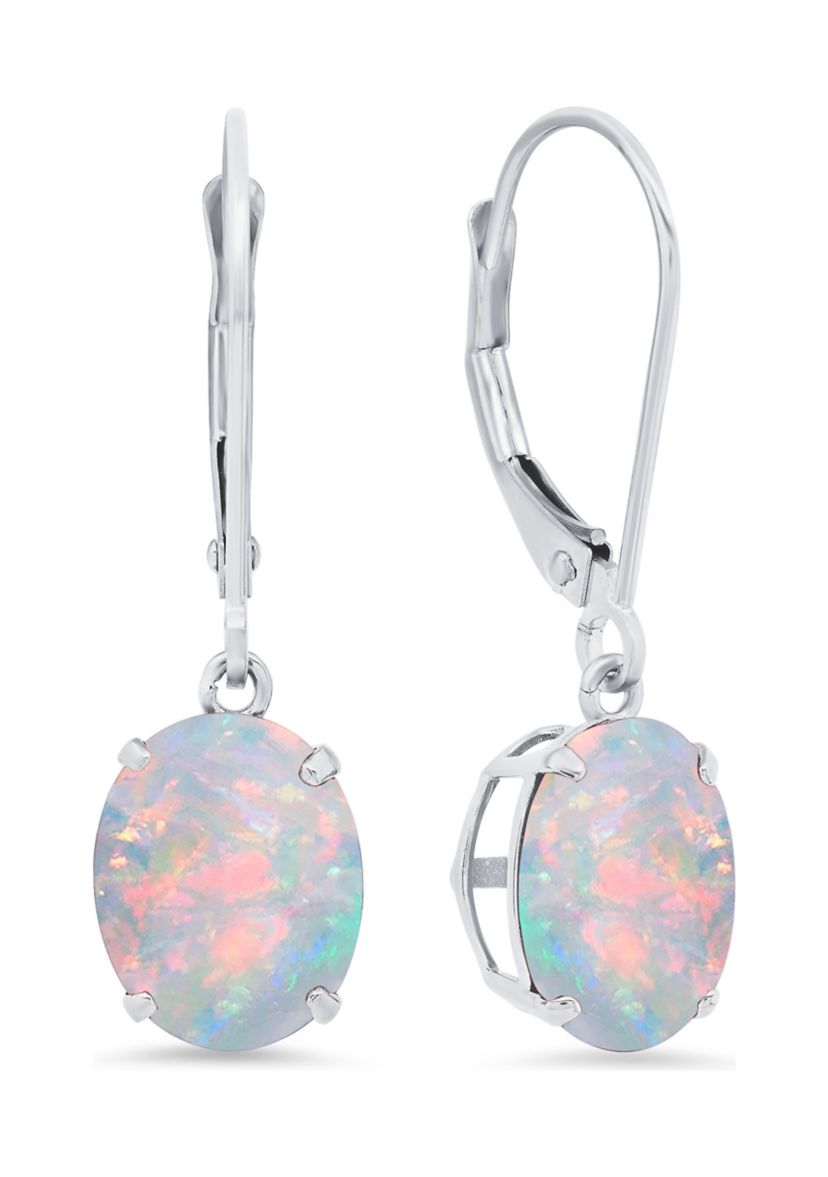 Sterling Silver Oval Created Opal Dangle Earrings