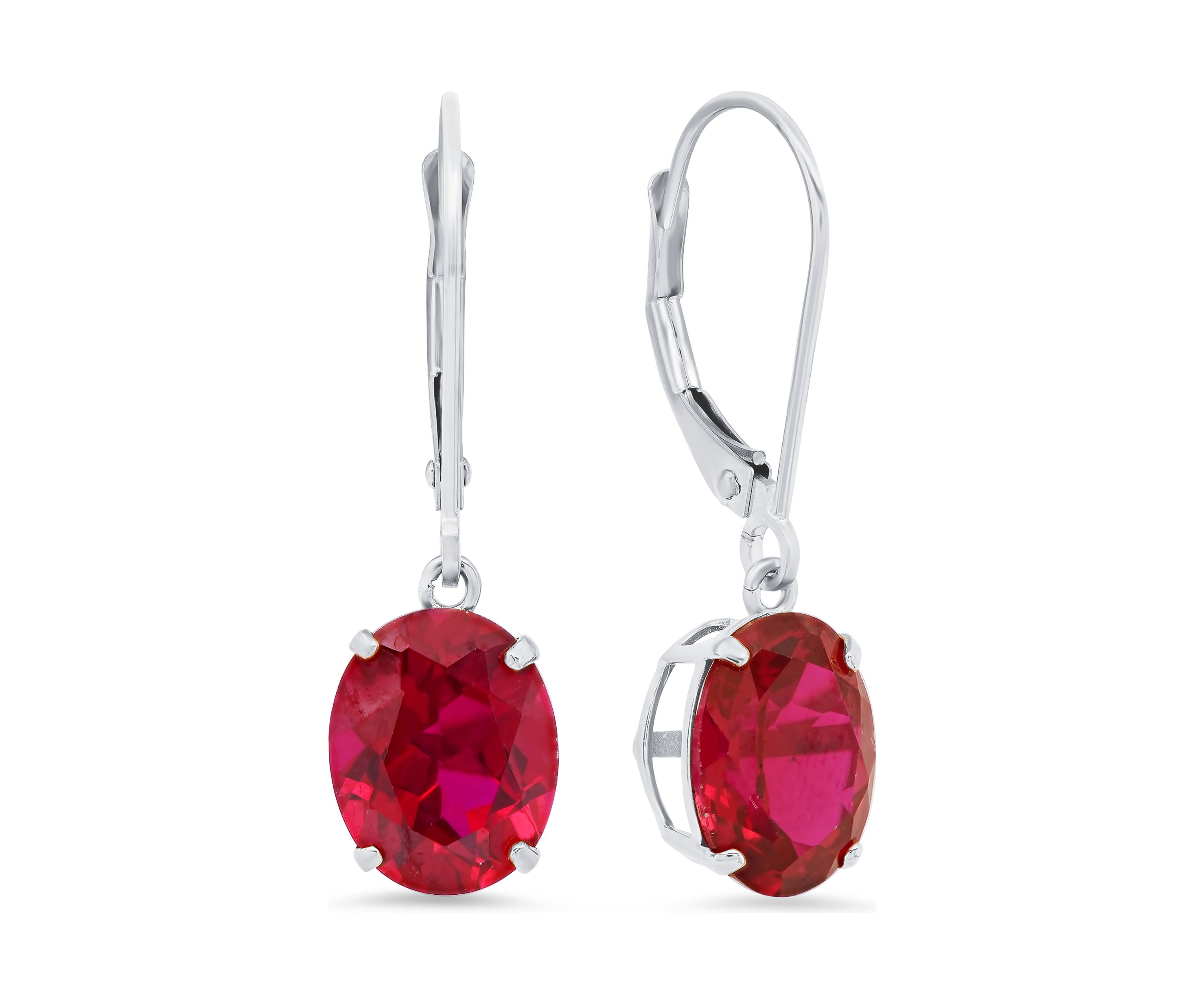 Sterling Silver Oval Created Ruby Dangle Earrings