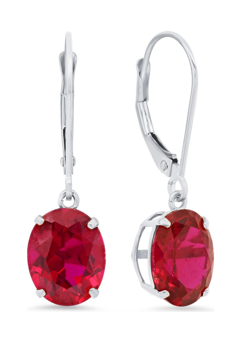 Sterling Silver Oval Created Ruby Dangle Earrings