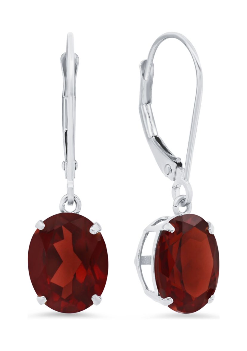 Sterling Silver Oval Genuine Garnet Dangle Earrings