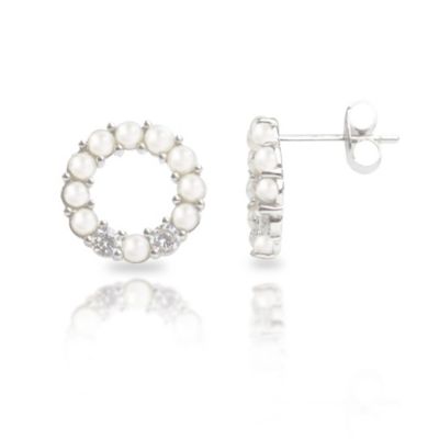 Belk & Co Sterling Silver Freshwater Pearl Open Circle Earrings With Cubic Zirconia Accents