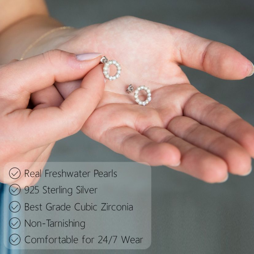 Sterling Silver Freshwater Pearl Open Circle Earrings With Cubic Zirconia Accents