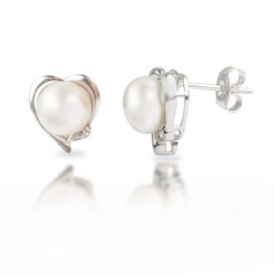 Belk & Co Sterling Silver Freshwater Pearl Heart Earrings With Diamond Accents
