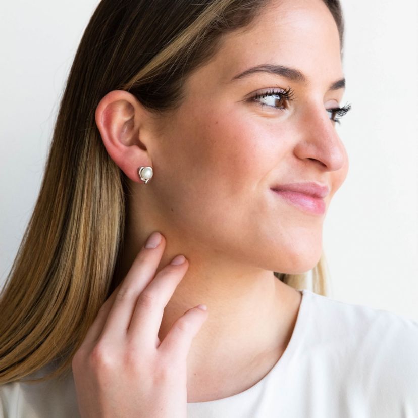 Sterling Silver Freshwater Pearl Heart Earrings With Diamond Accents