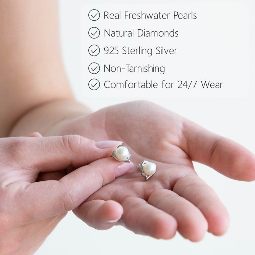 Sterling Silver Freshwater Pearl Heart Earrings With Diamond Accents