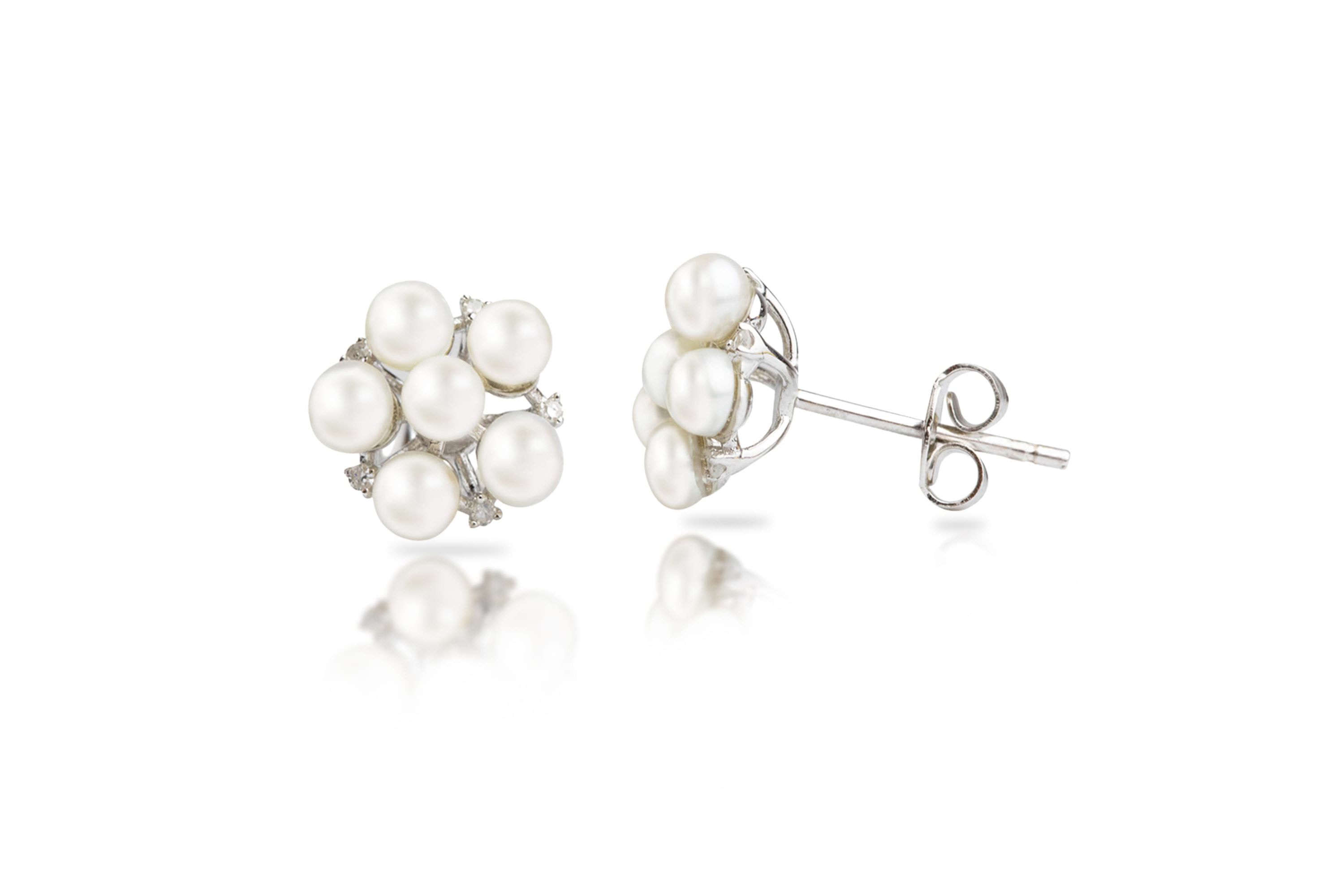 Sterling Silver Freshwater Pearl Flower Earrings With Diamond Accents