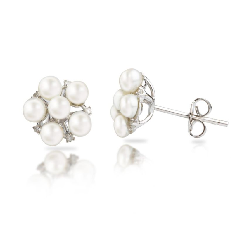Sterling Silver Freshwater Pearl Flower Earrings With Diamond Accents