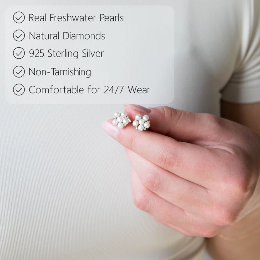 Sterling Silver Freshwater Pearl Flower Earrings With Diamond Accents