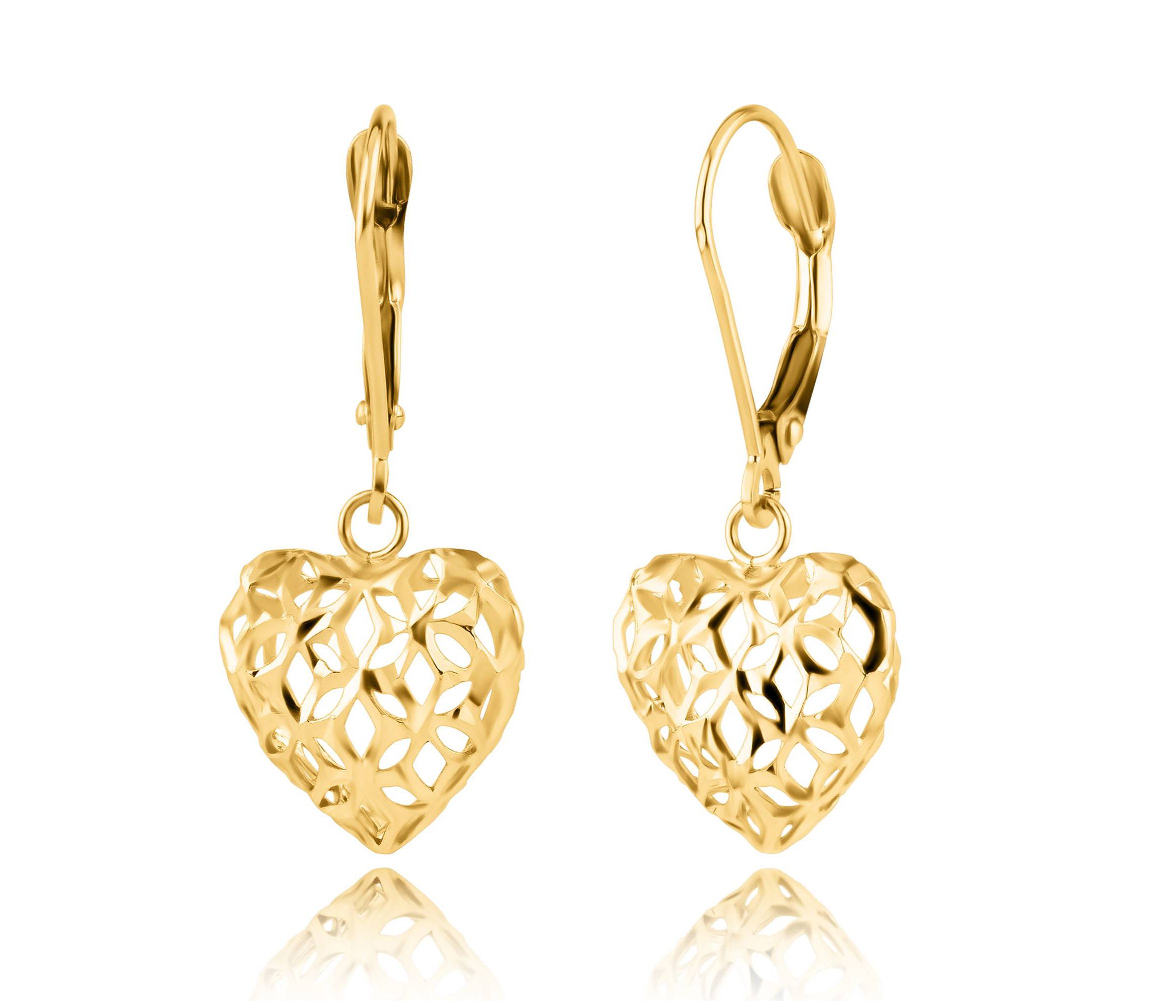 14K Yellow Gold Filigree Heart Shape Dangle Earrings