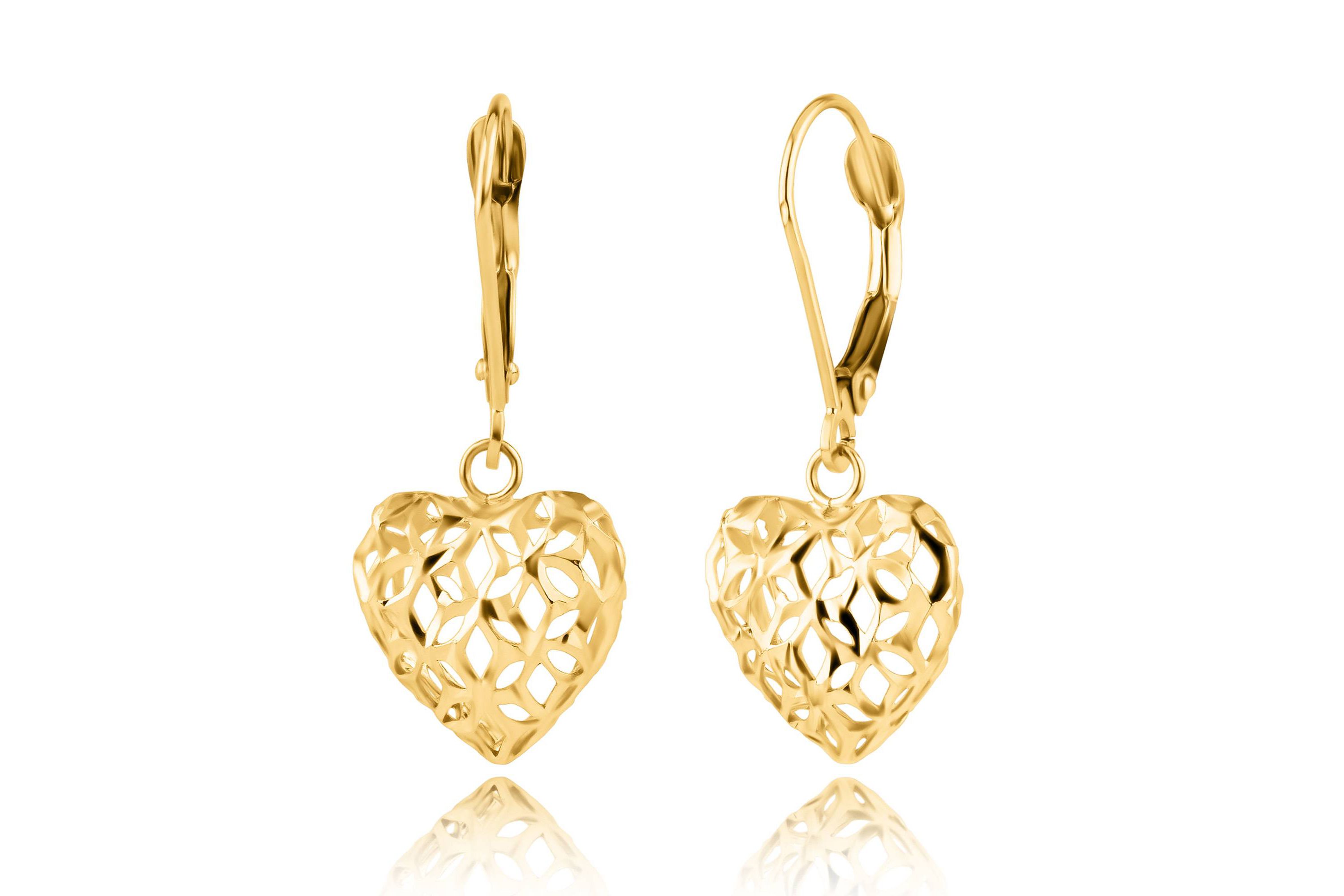 14K Yellow Gold Filigree Heart Shape Dangle Earrings