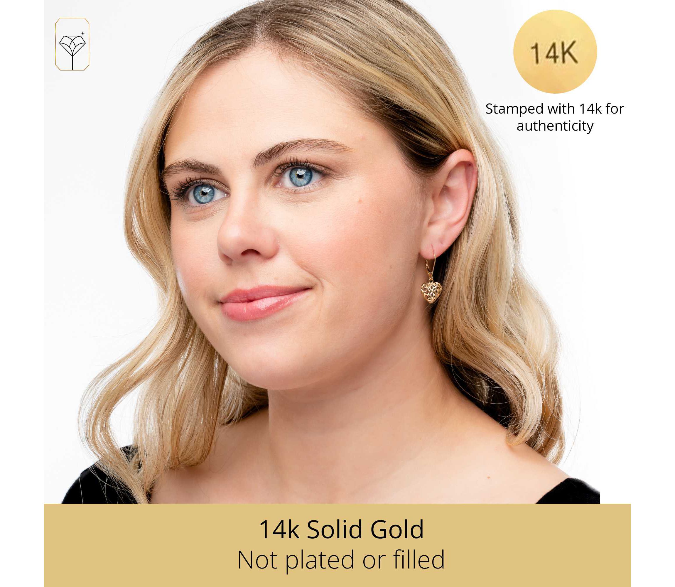14K Yellow Gold Filigree Heart Shape Dangle Earrings