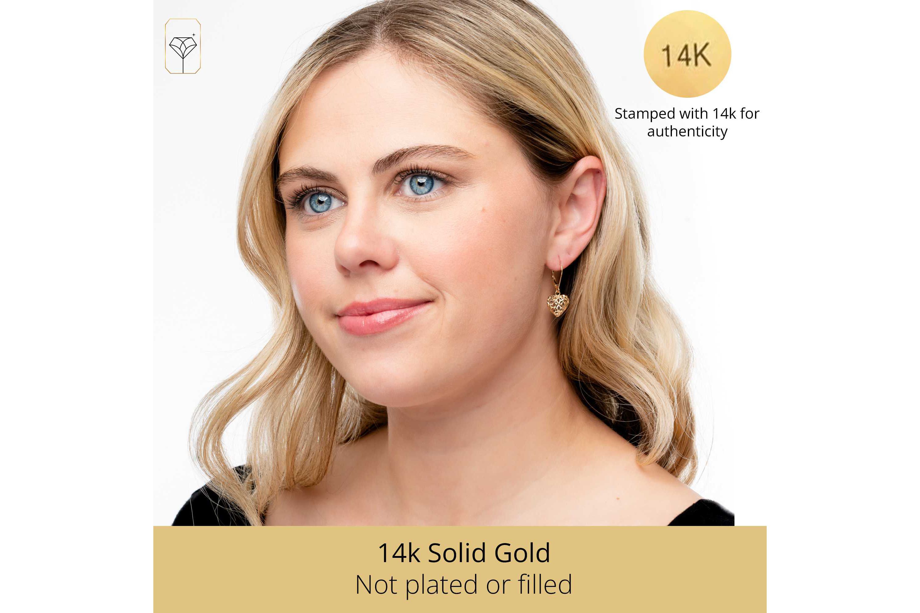 14K Yellow Gold Filigree Heart Shape Dangle Earrings