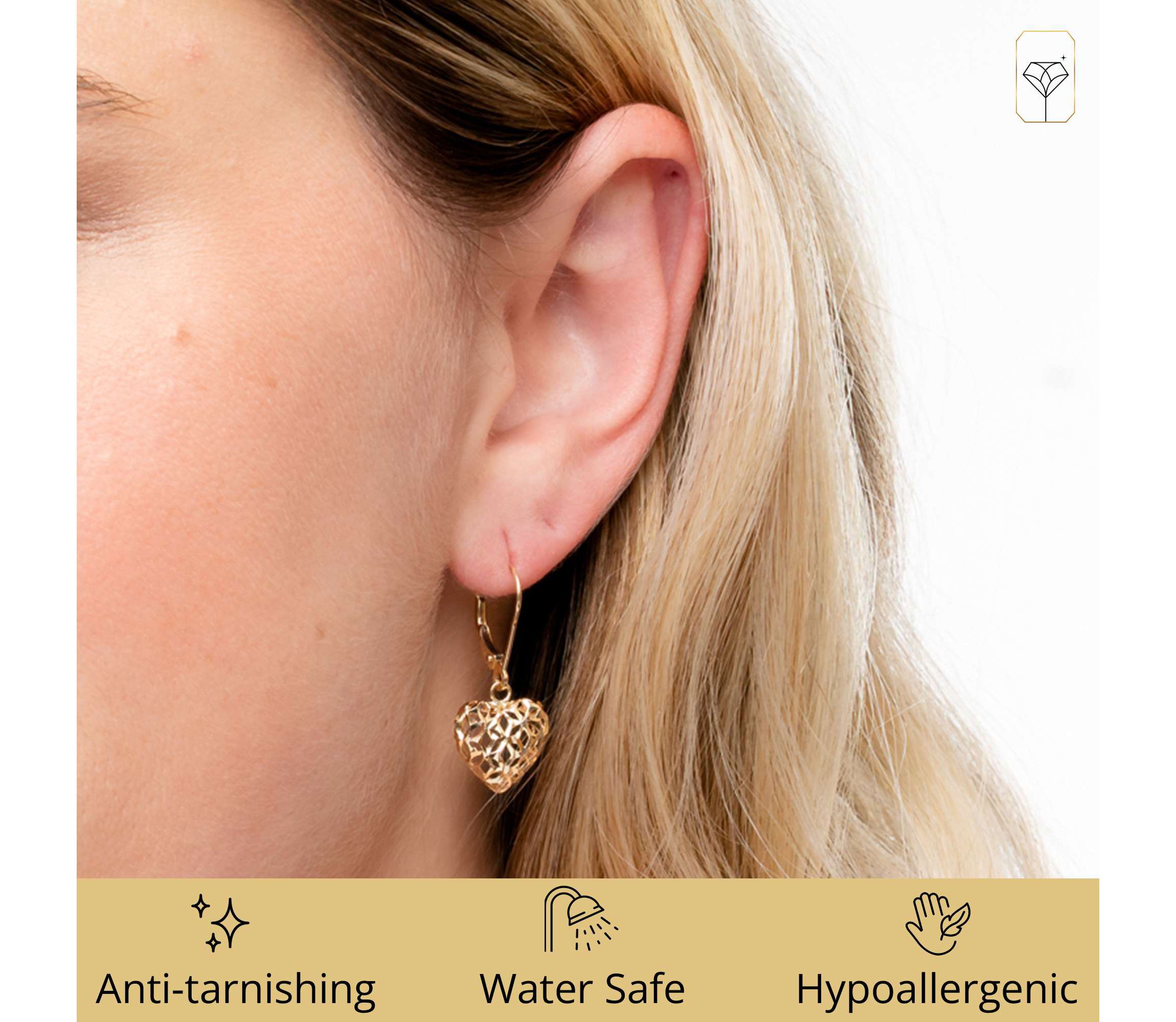 14K Yellow Gold Filigree Heart Shape Dangle Earrings