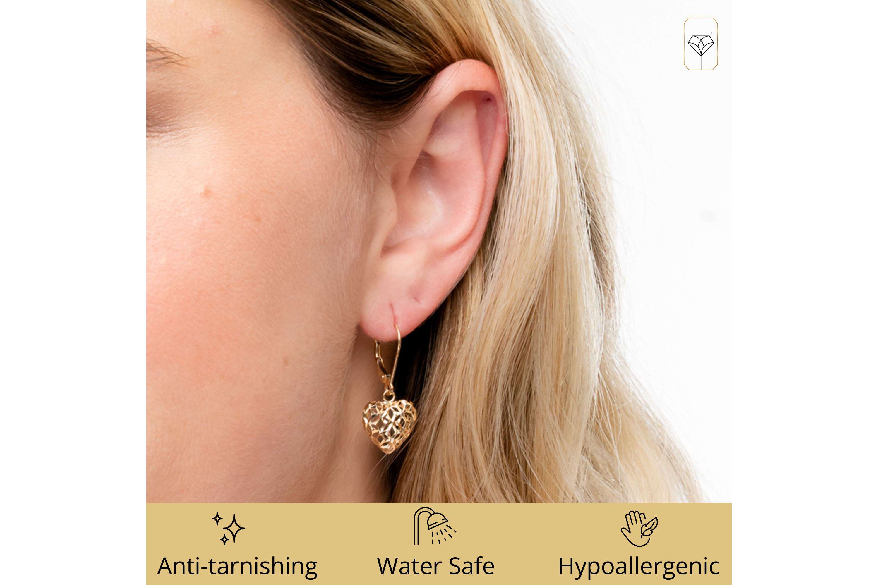 14K Yellow Gold Filigree Heart Shape Dangle Earrings