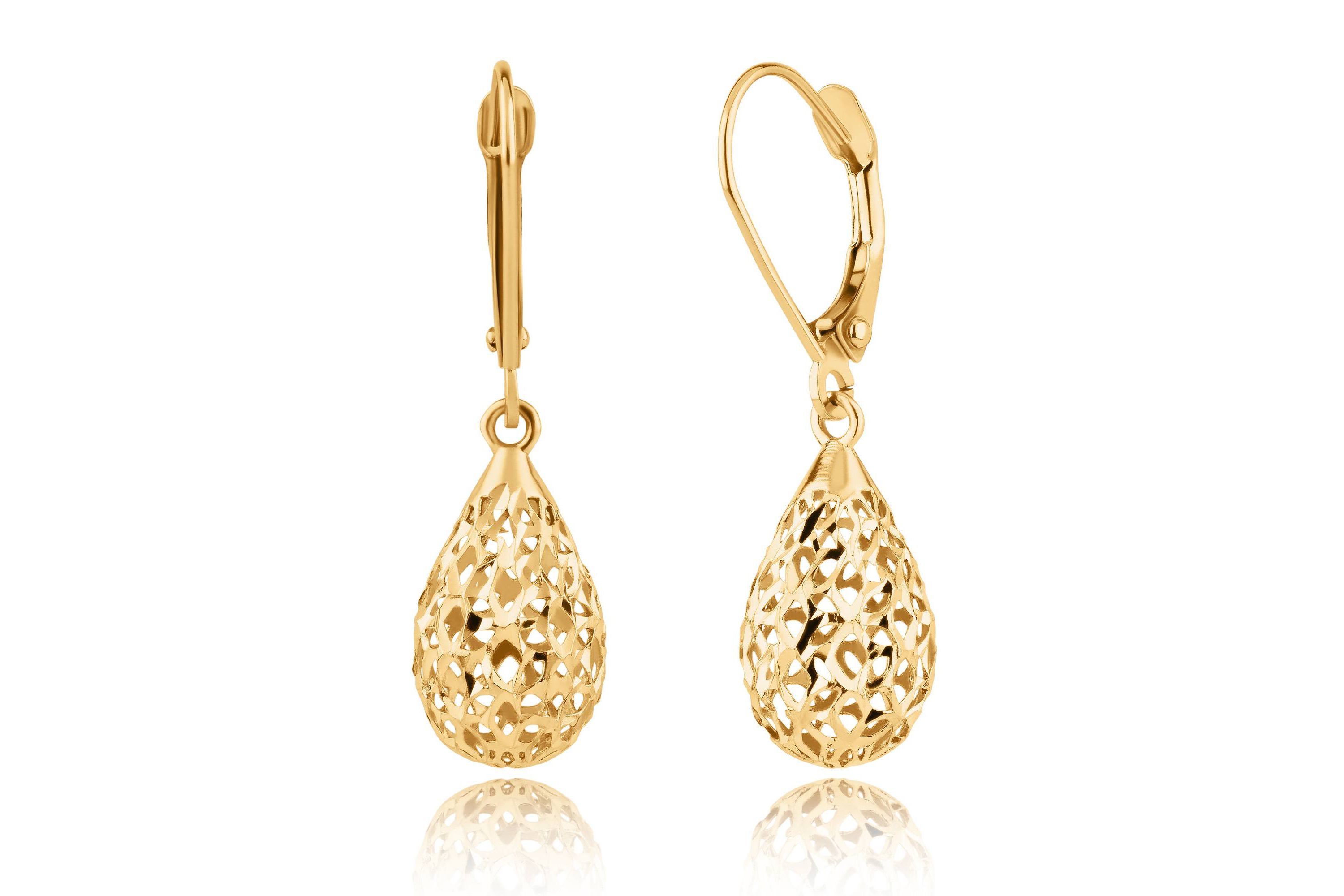 14K Yellow Gold Filigree Teardrop Shape Dangle Earrings