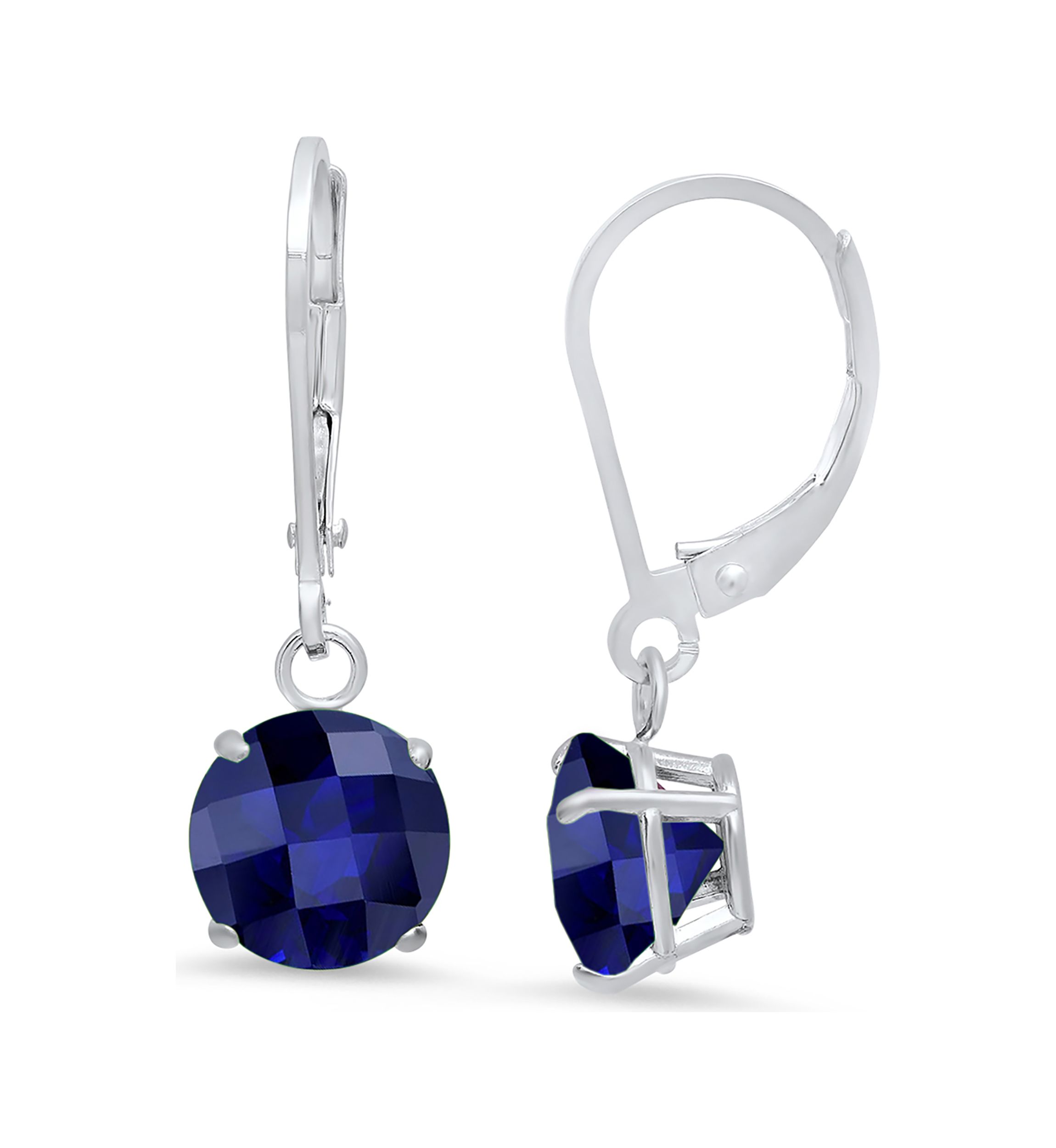Sterling Silver Round Checkerboard Cut Created Blue Sapphire Leverback Earrings 