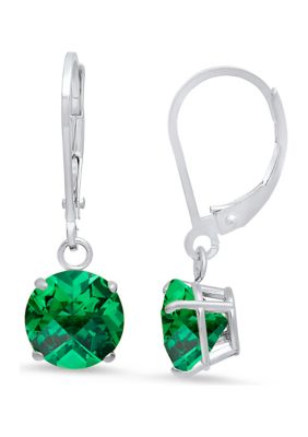 Belk & Co Sterling Silver Round Checkerboard Cut Created Emerald Leverback Earrings, White