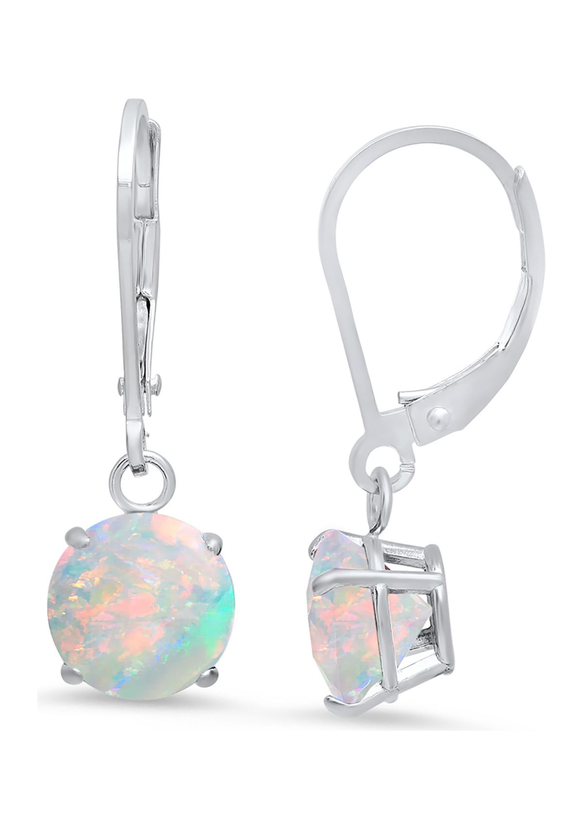 Sterling Silver Round Checkerboard Cut Created Opal Leverback Earrings 