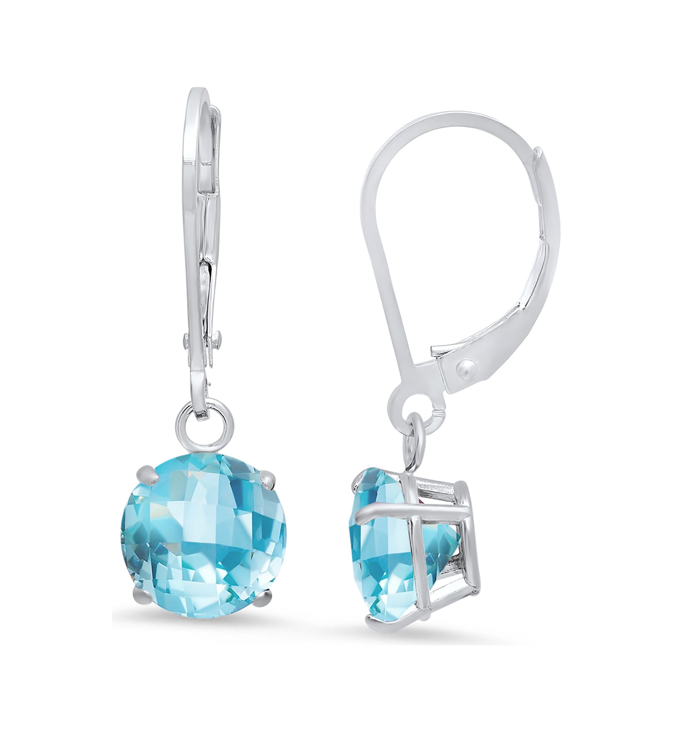 Sterling Silver Round Checkerboard Cut Swiss Blue Topaz Leverback Earrings 
