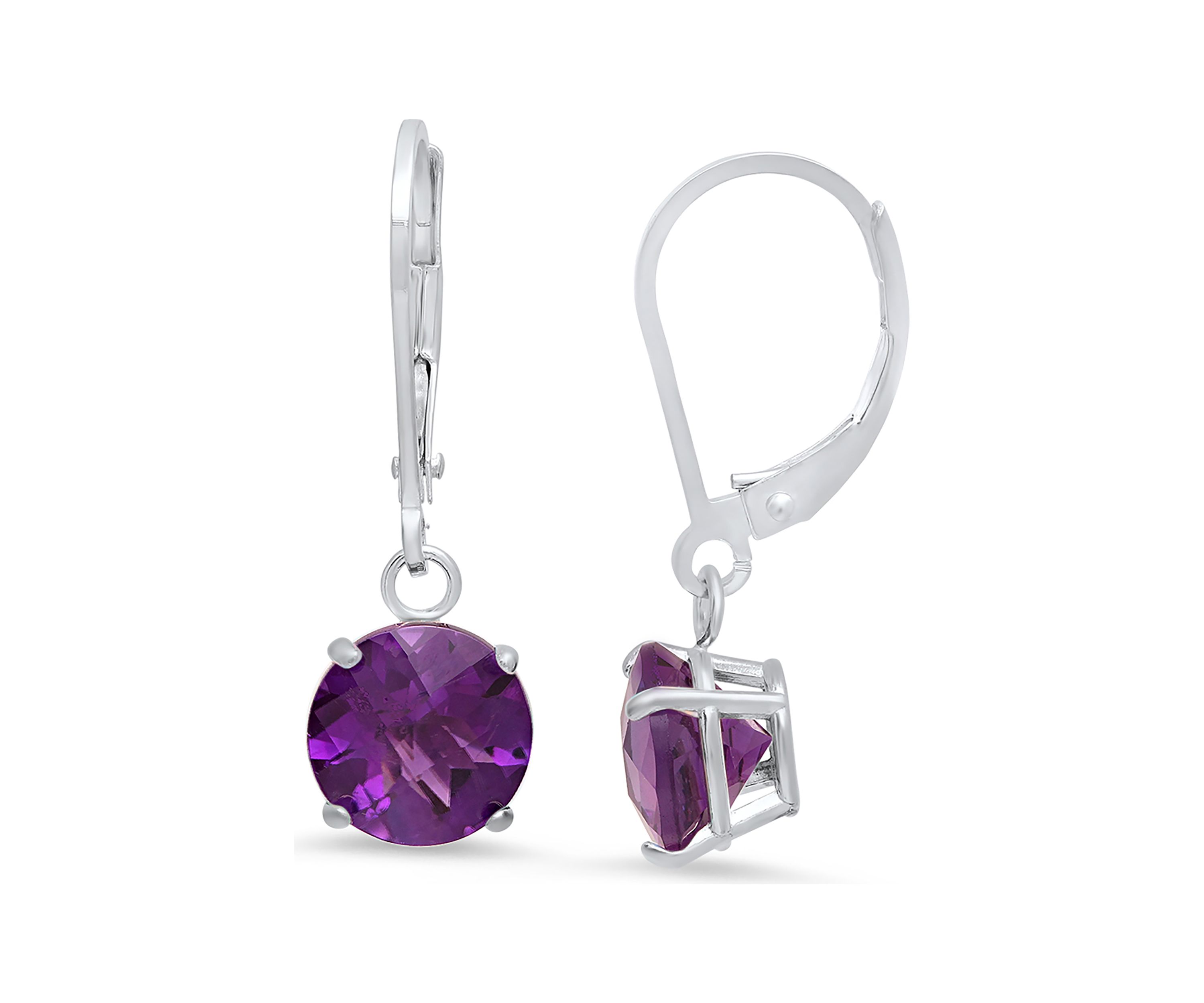 10K White Gold Round Checkerboard Cut Amethyst Leverback Earrings 