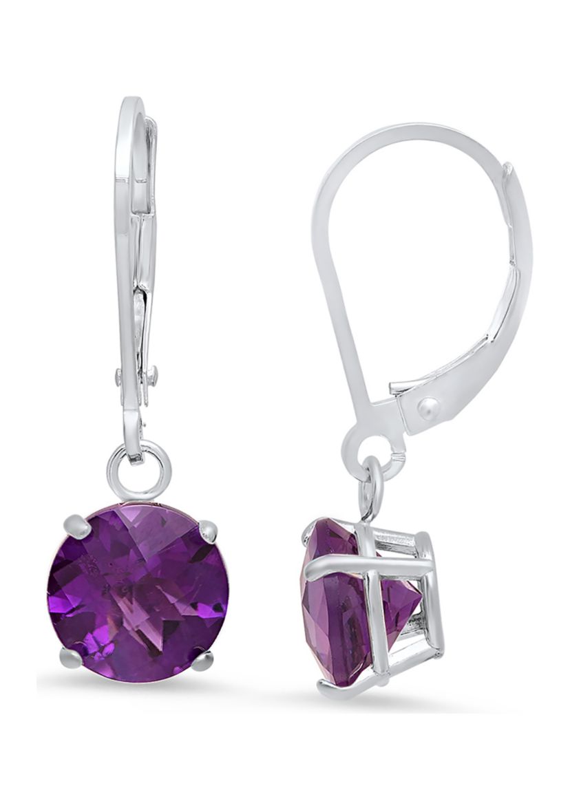 10K White Gold Round Checkerboard Cut Amethyst Leverback Earrings 