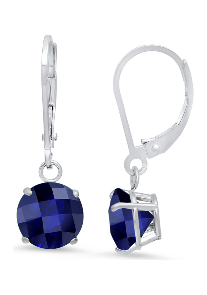 10K White Gold Round Checkerboard Cut Created Blue Sapphire Leverback Earrings