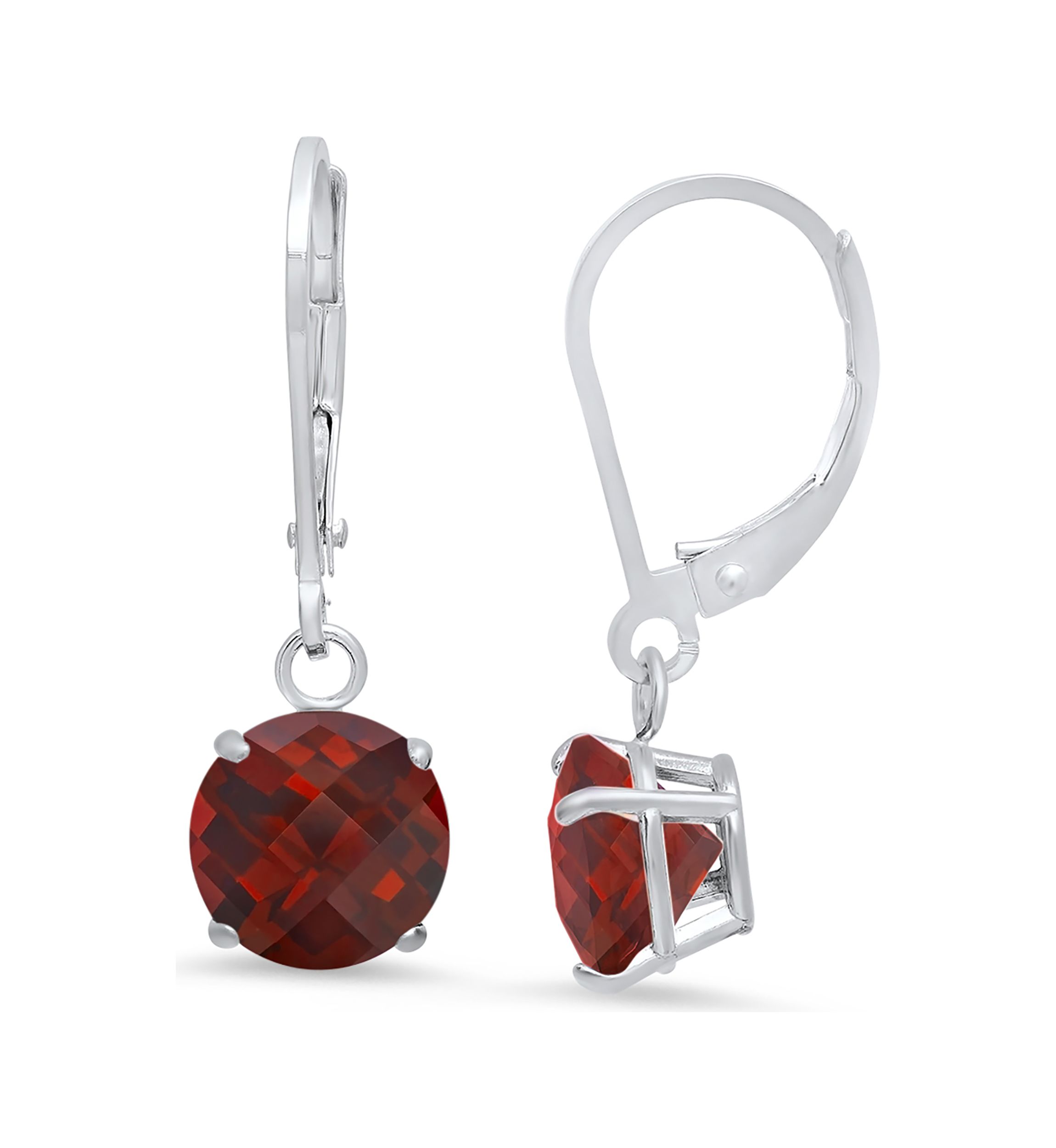 10K White Gold Round Checkerboard Cut 4.5 ct. t.w. Garnet Leverback Earrings (8 Millimeter)