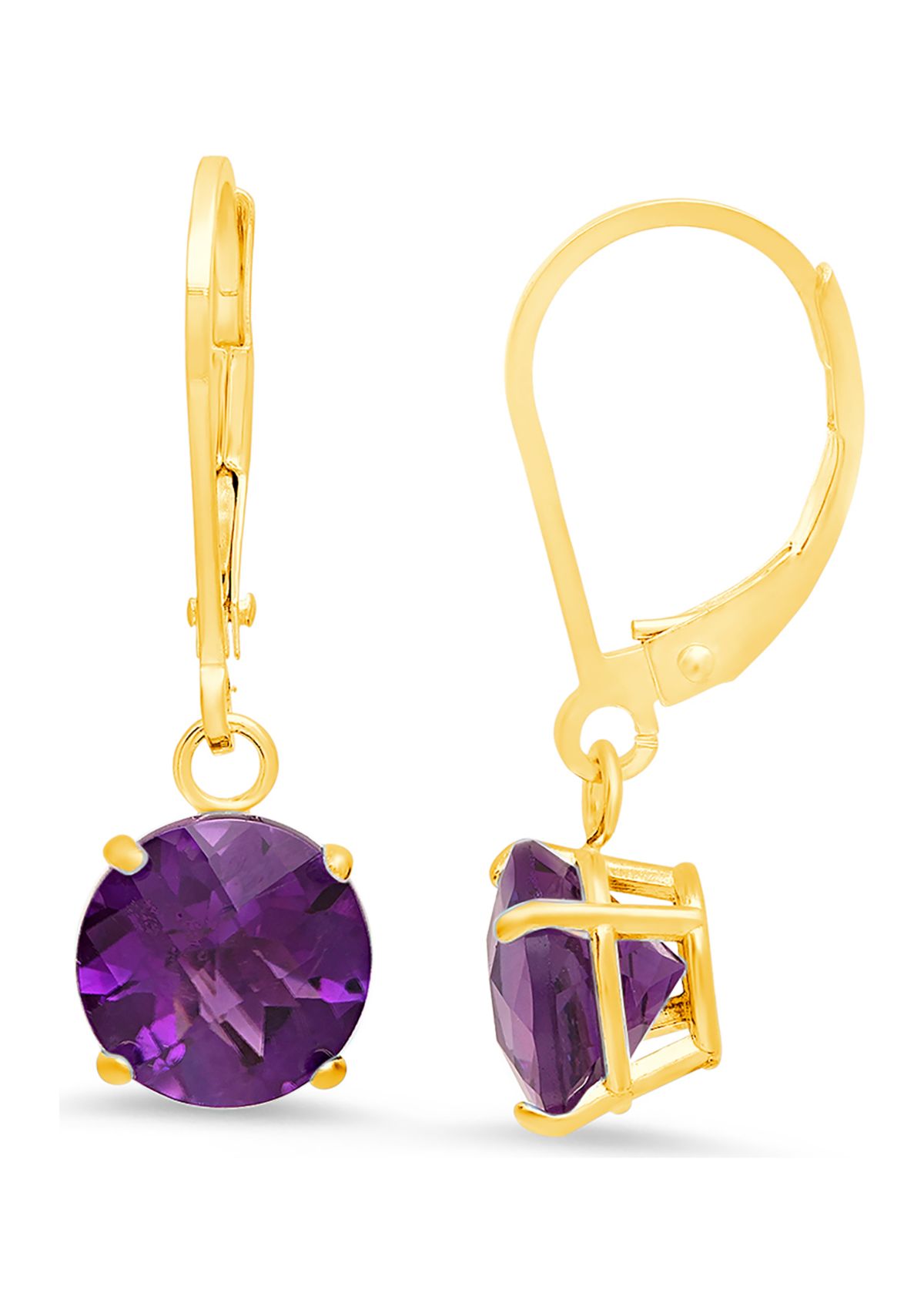 10K Yellow Gold Round Checkerboard Cut Amethyst Leverback Earrings 