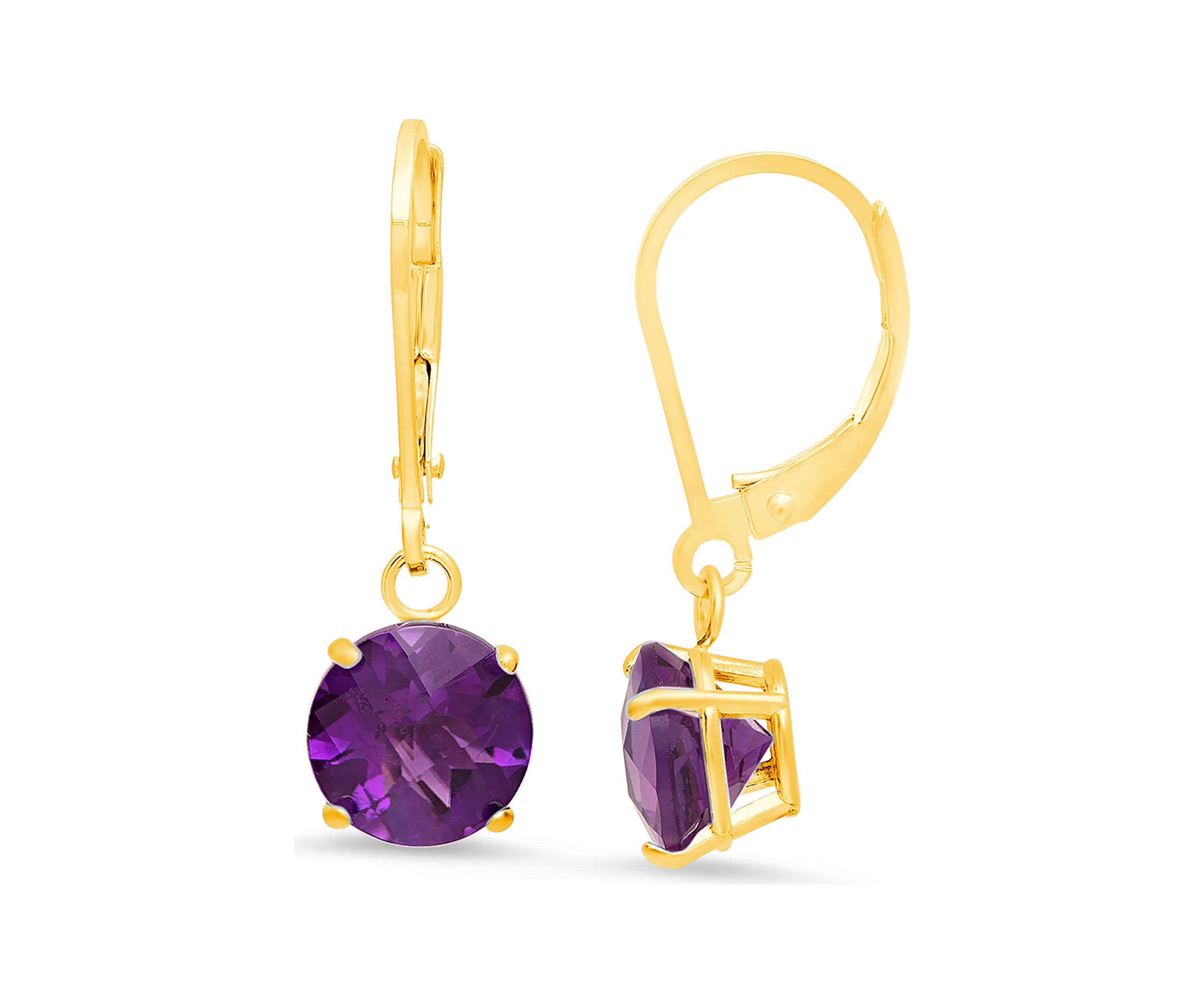 10K Yellow Gold Round Checkerboard Cut Amethyst Leverback Earrings 