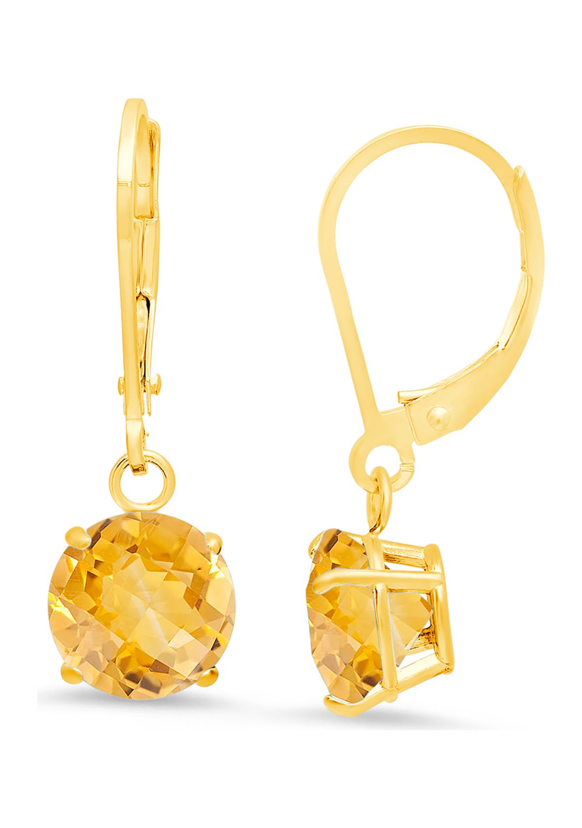 10K Yellow Gold Round Checkerboard Cut Citrine Leverback Earrings 